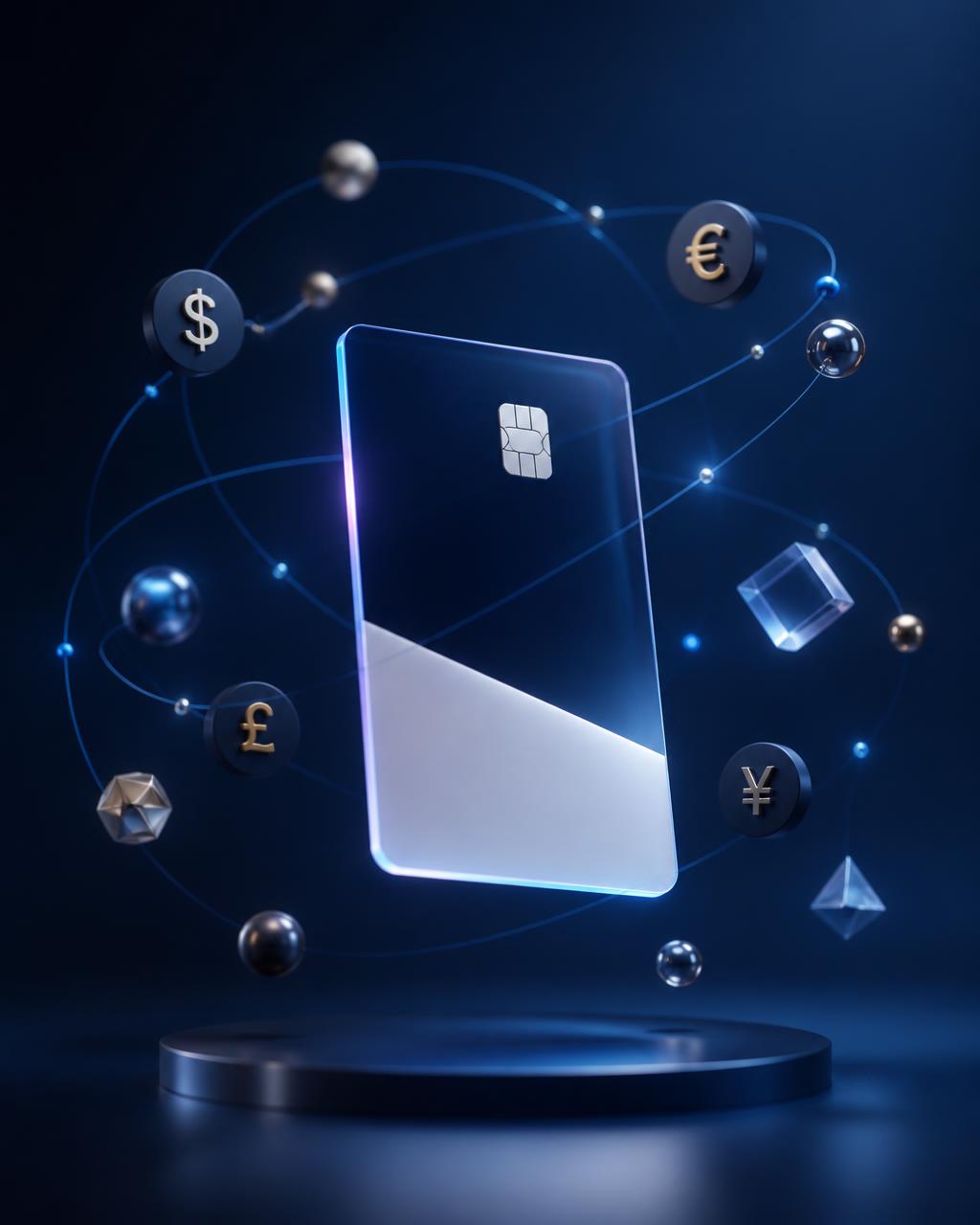 Floating payment card orbited by global currencies and routing paths